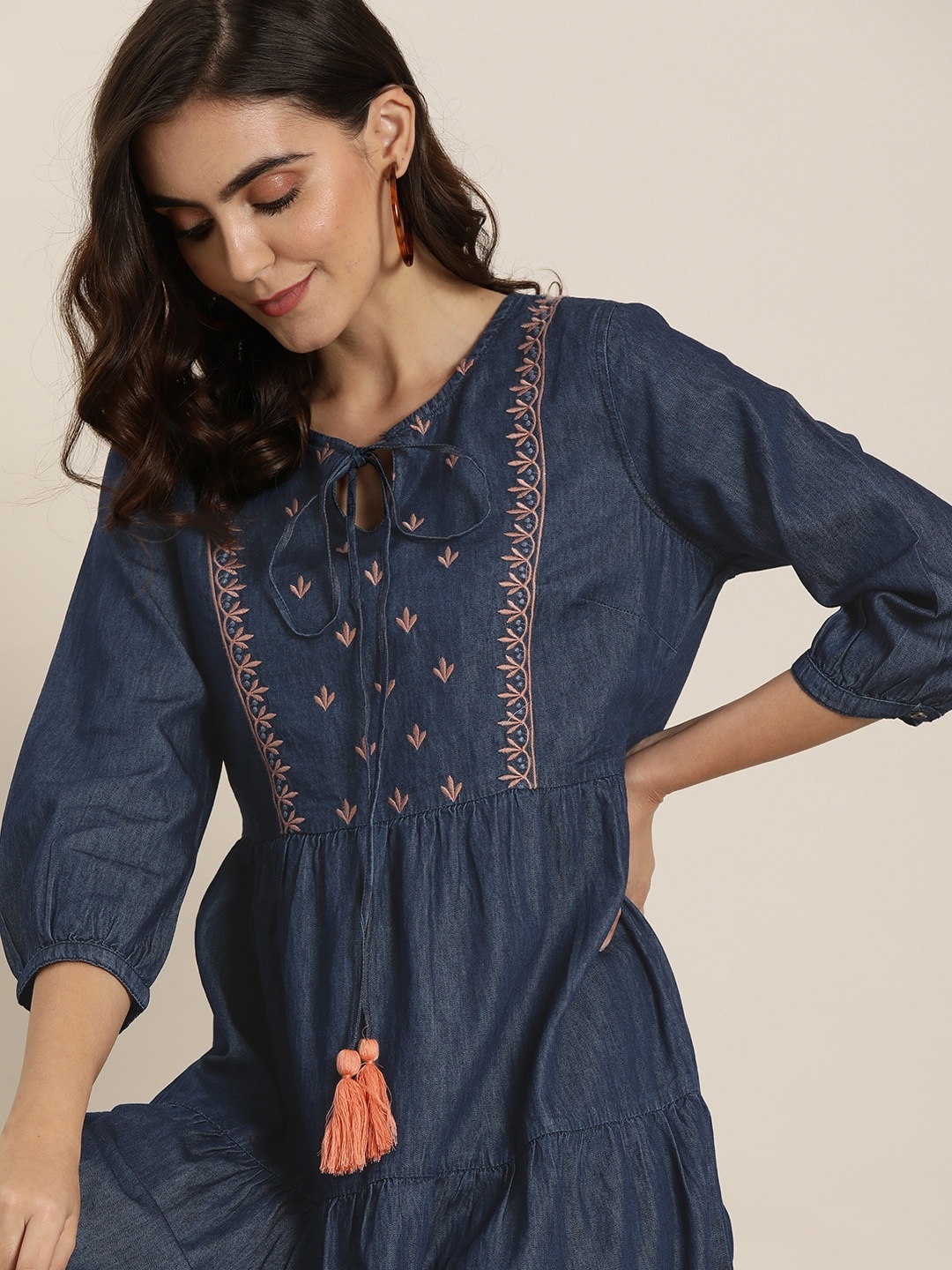 

all about you Women Blue Embroidered Tiered A-Line Dress