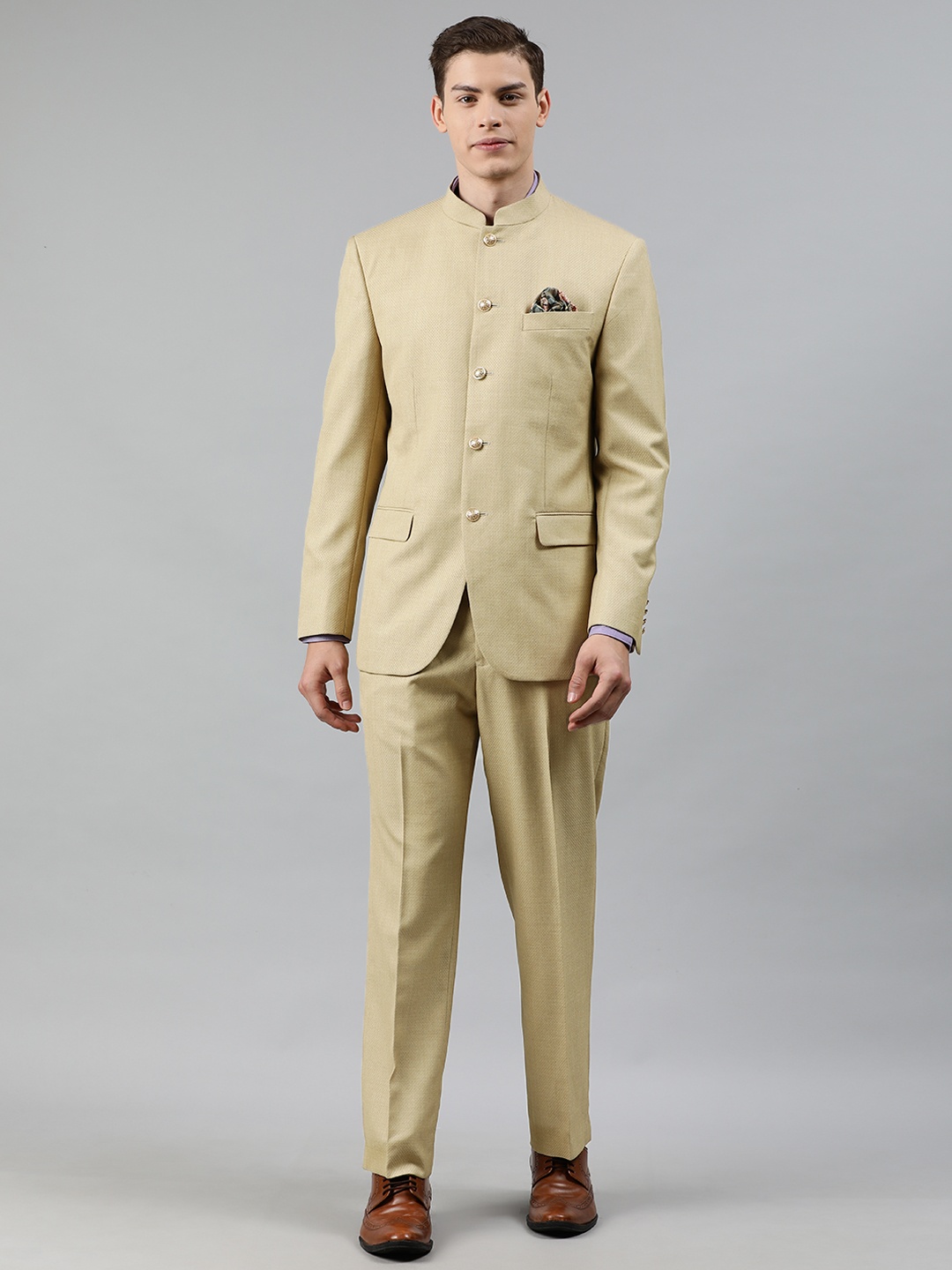 

Louis Philippe Men Beige Self Design Regular Fit Bandhgala Formal Suit, Brown