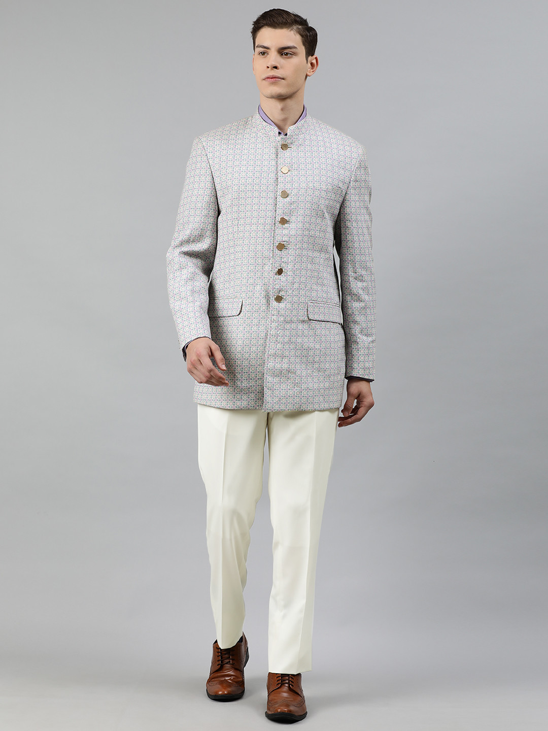 

Louis Philippe Men Grey & Beige Printed Regular Linen Bandhgala Formal Suit, Blue