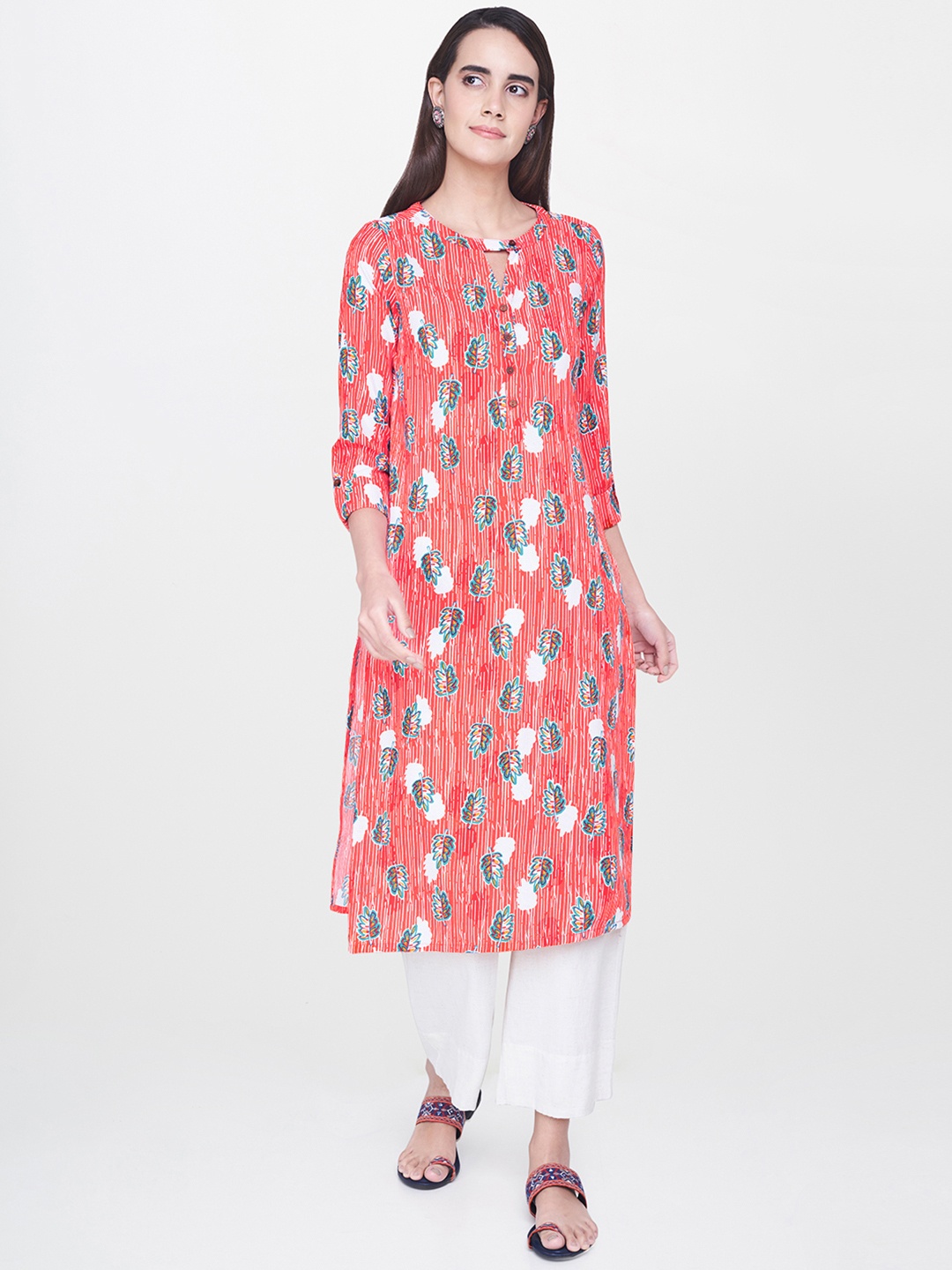 Global Desi Women Coral Pink & Teal Blue Printed Straight Kurta