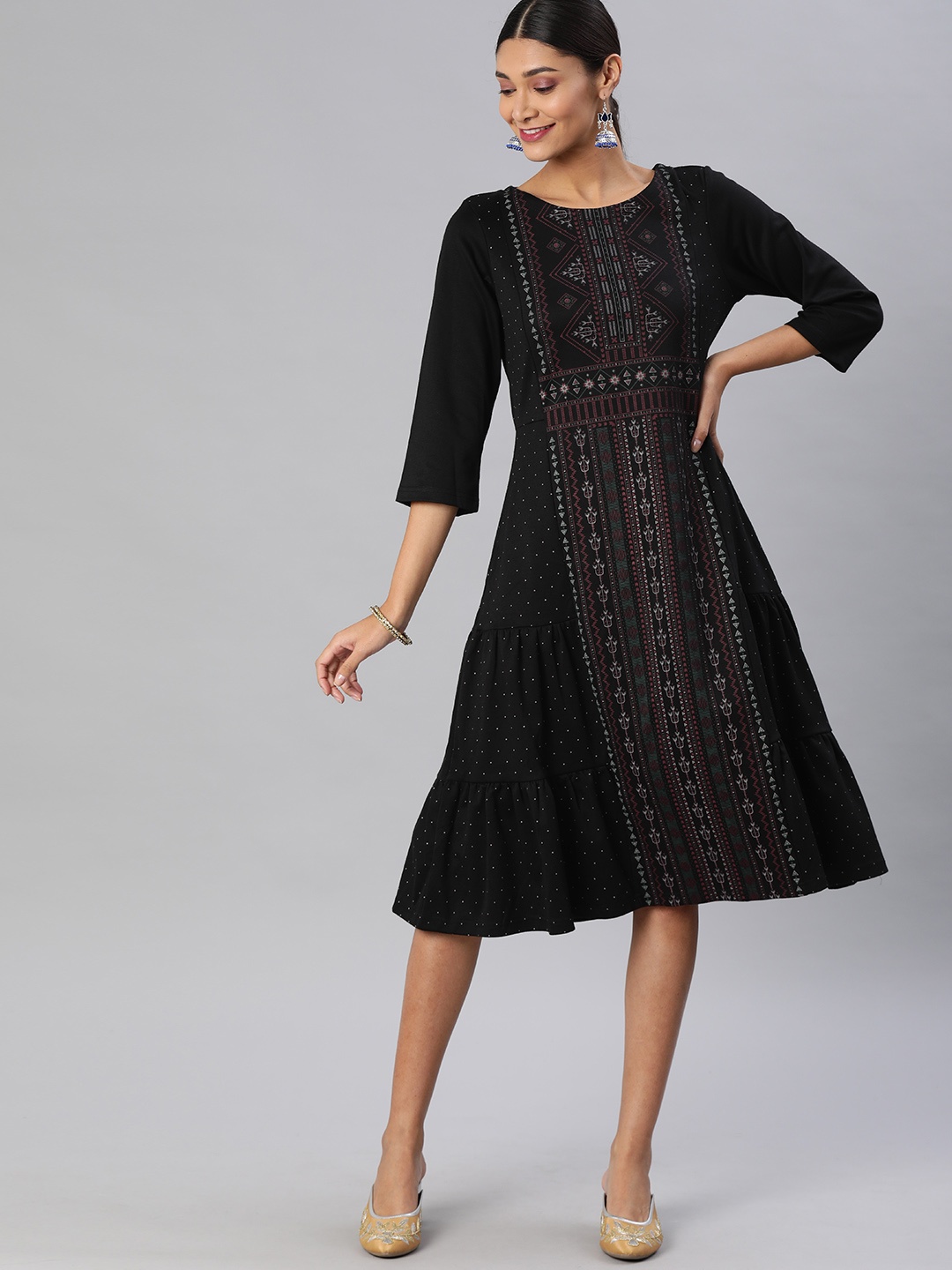 

Global Desi Women Black Printed Fit and Flare Dress