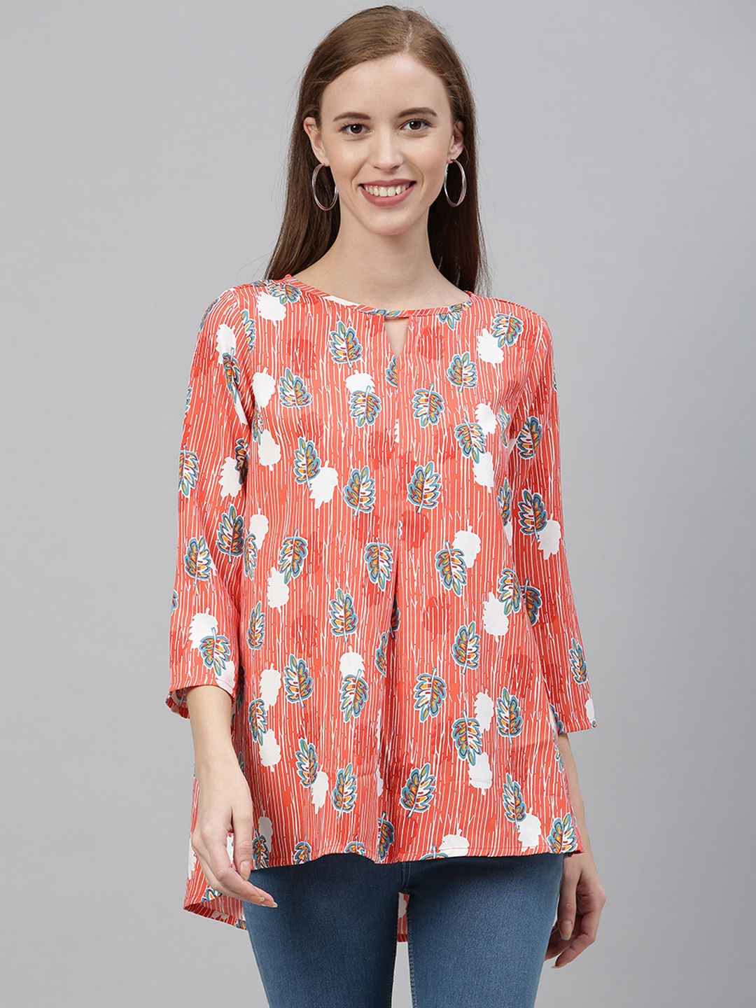 

Global Desi Women Coral Red & White Floral Printed A-Line Top