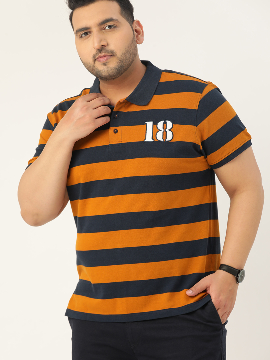 

Sztori Men Plus Size Navy Blue & Mustard Brown Pure Cotton Striped Polo Collar T-shirt