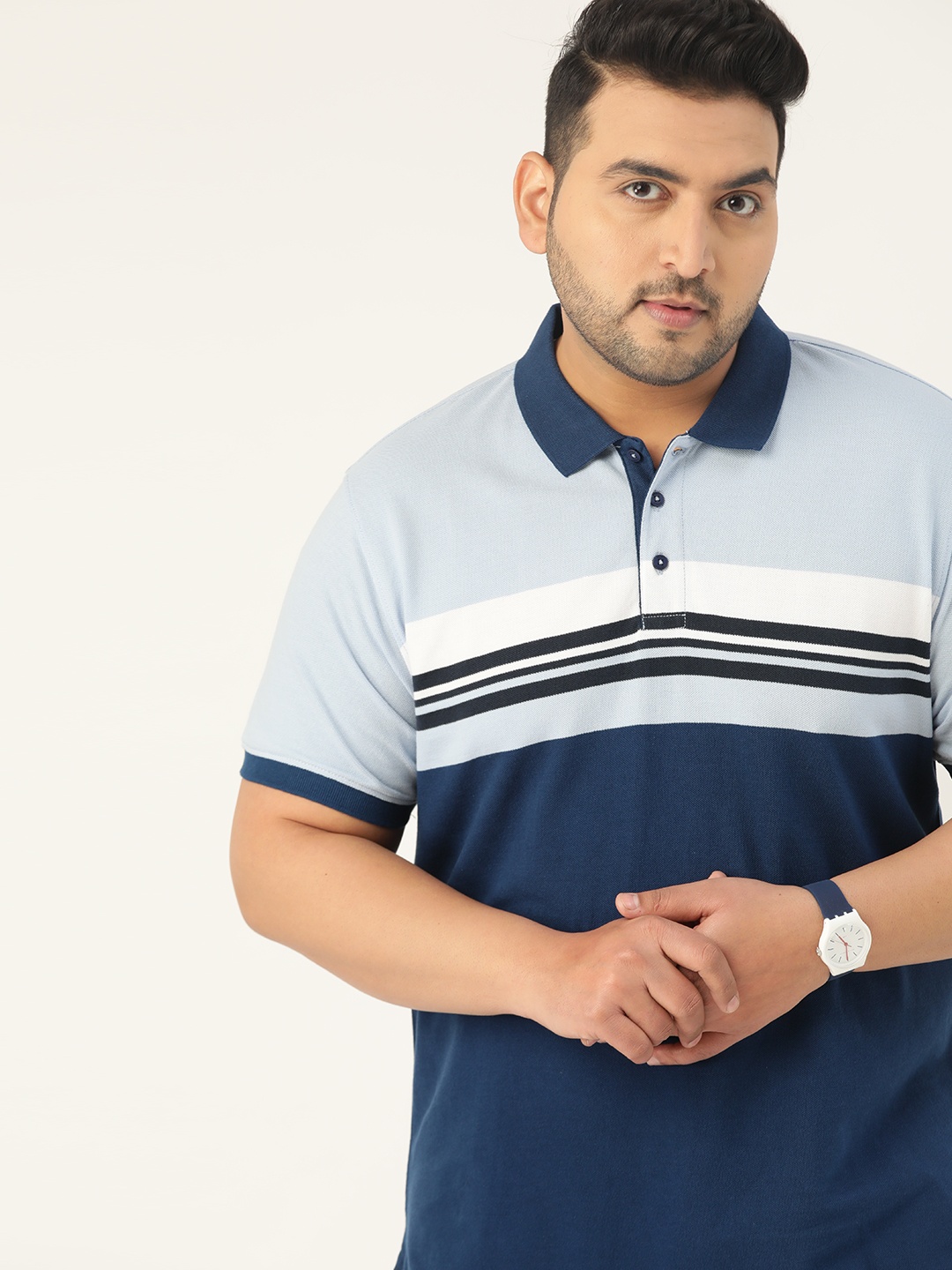 

Sztori Men Plus Size Blue Striped Pure Cotton Polo Collar T-shirt