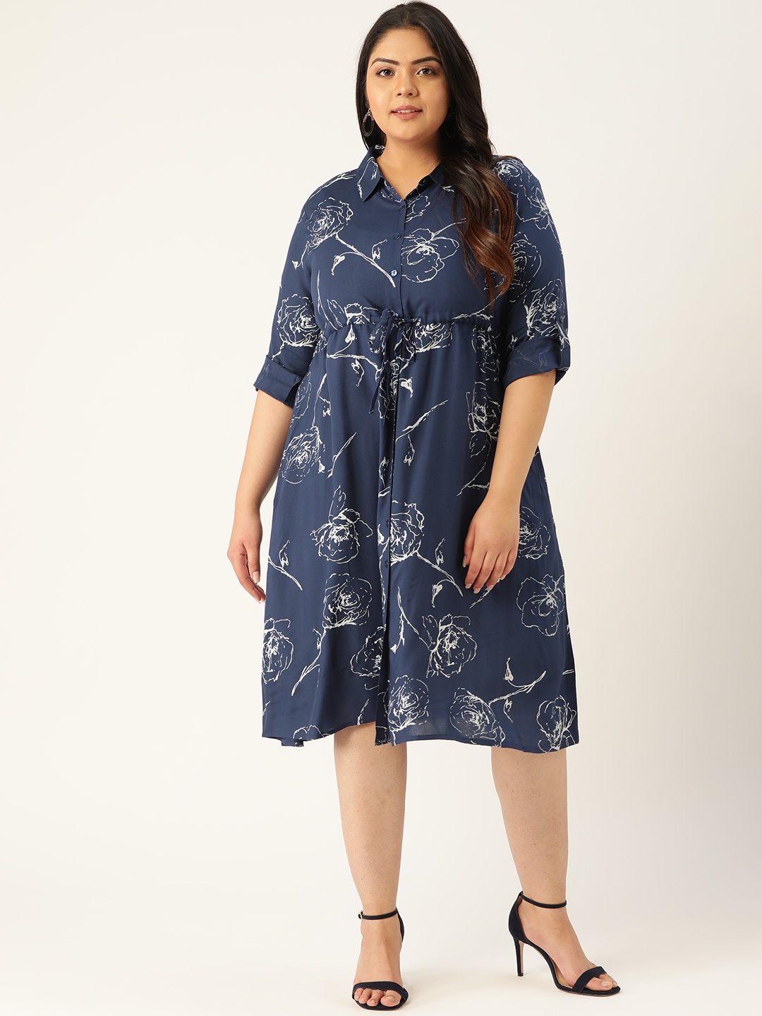 

Sztori Women Plus Size Navy Blue Floral Printed Shirt Dress