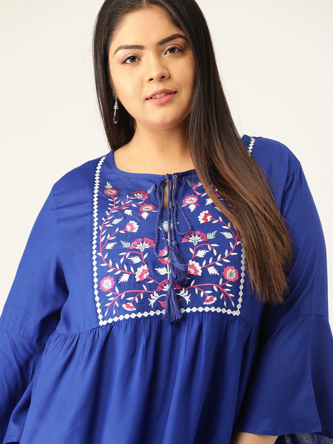 

Sztori Women Plus Size Blue & Pink Embroidered A-Line Top