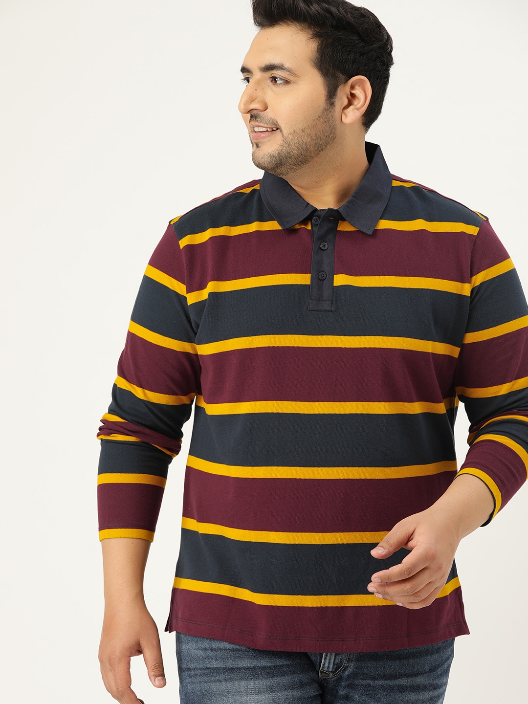 

Sztori Plus Size Men Navy Blue Maroon Striped Polo Collar Pure Cotton T-shirt