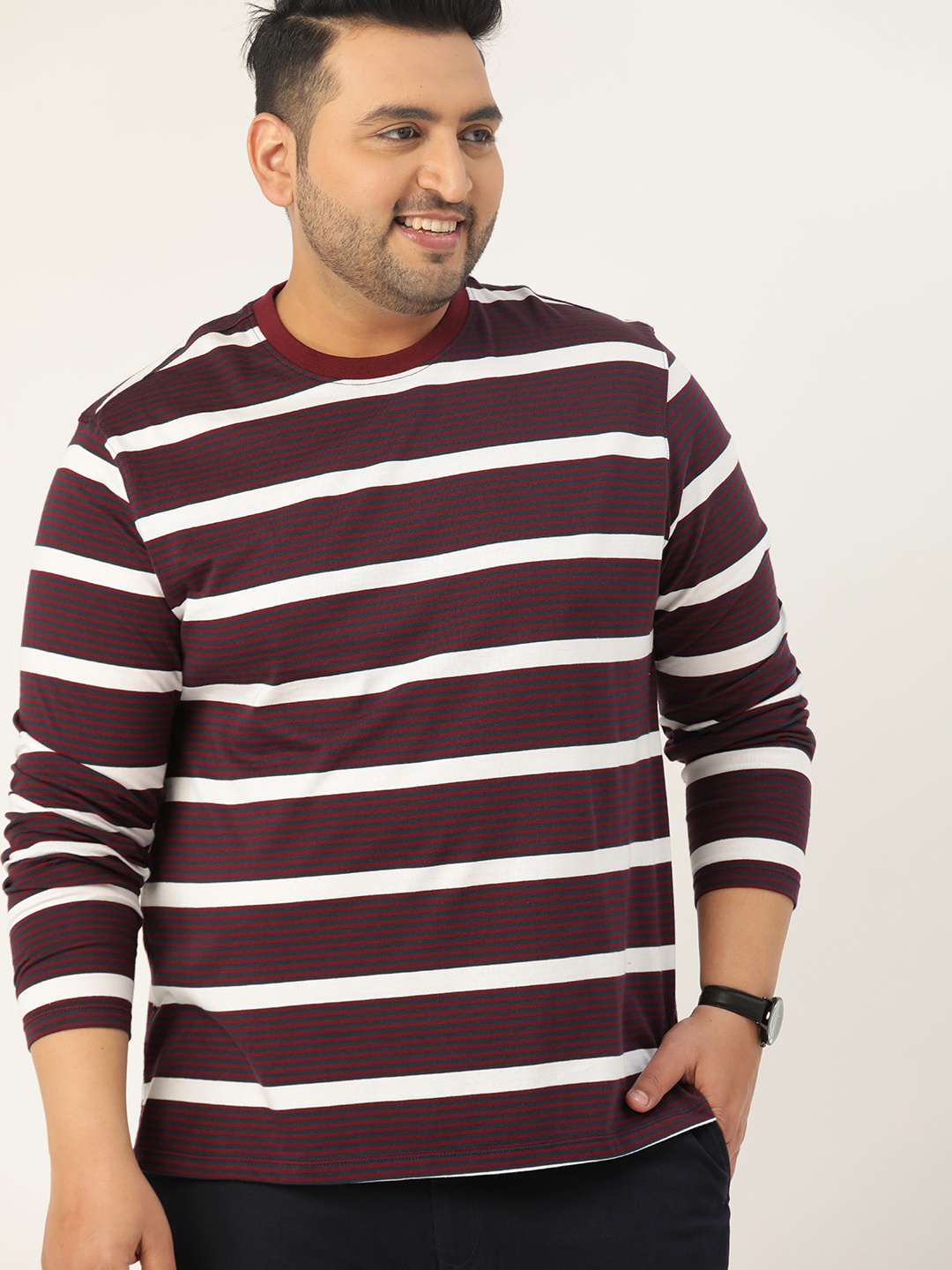 

Sztori Men Plus Size Maroon & White Pure Cotton Striped Round Neck T-shirt