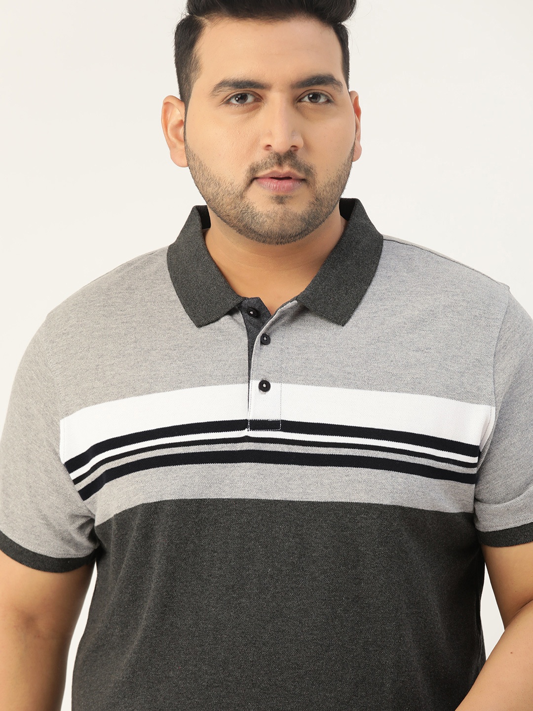 

Sztori Plus Size Men Black & Grey Melange Striped Polo Collar T-shirt