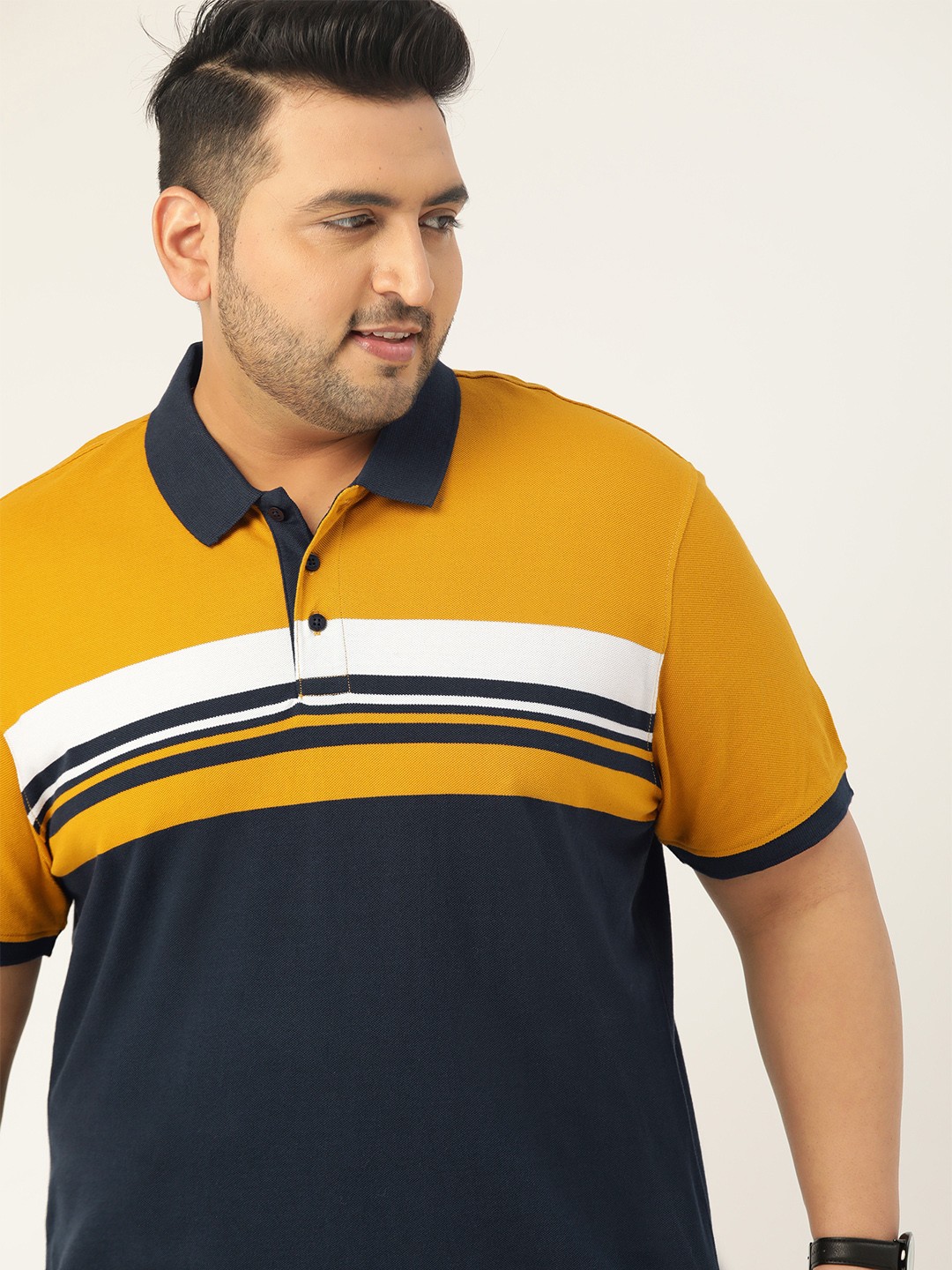 

Sztori Men Plus Size Mustard Yellow Navy Blue Striped Pure Cotton Polo Collar Pure Cotton T-shirt