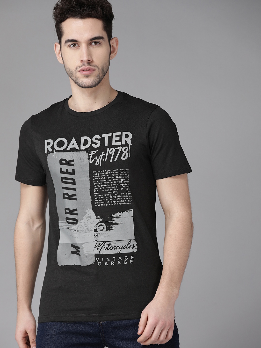 

Roadster Men Black & Grey Brand Logo & Biker Print Round Neck T-shirt