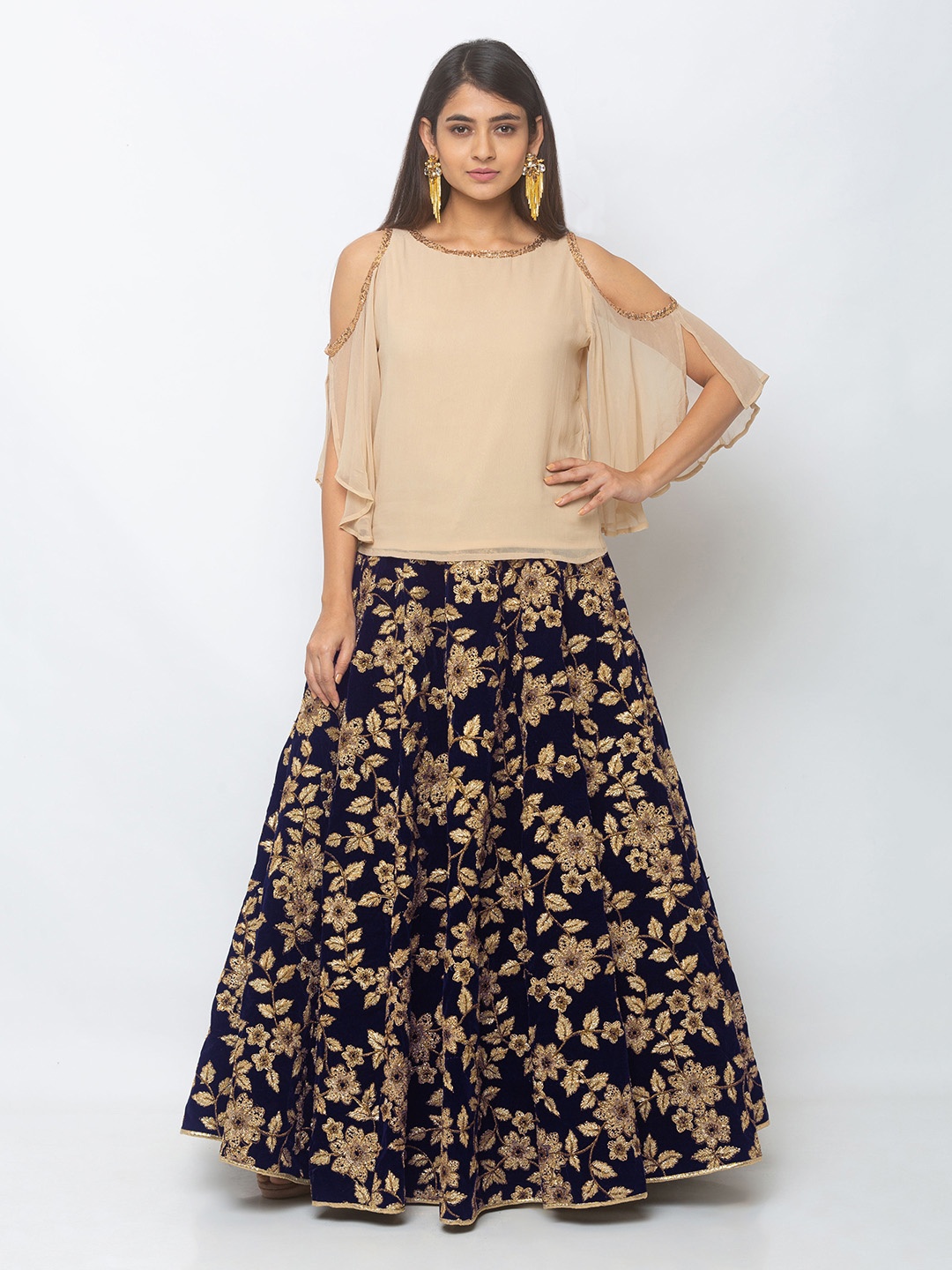 

6Y COLLECTIVE Navy Blue & Gold-Toned Embroidered Ready to Wear Lehenga & Top