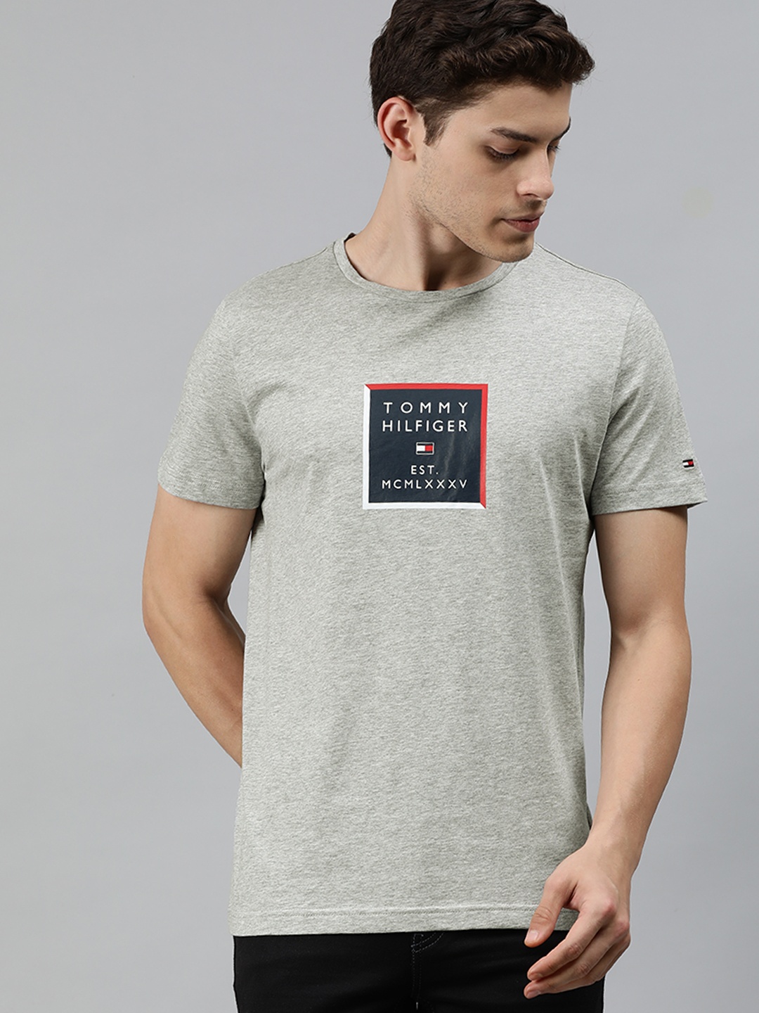 

Tommy Hilfiger Men Grey Printed Round Neck Pure Cotton T-shirt