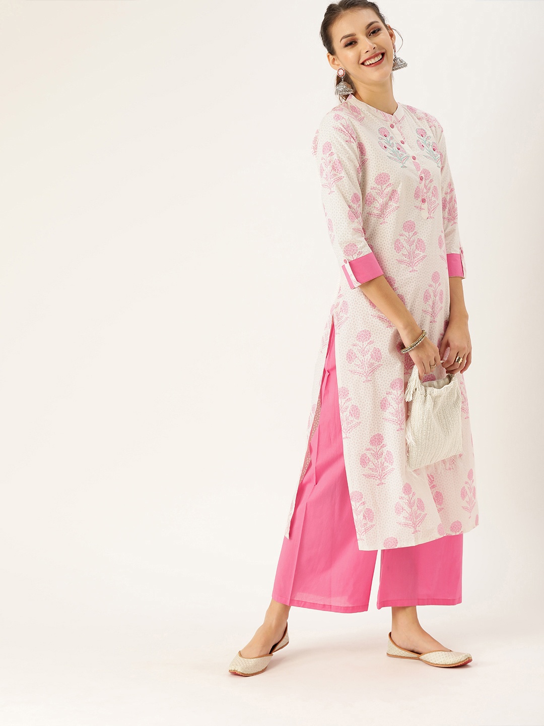 Varanga Women White & Pink Printed Kurta with Palazzos