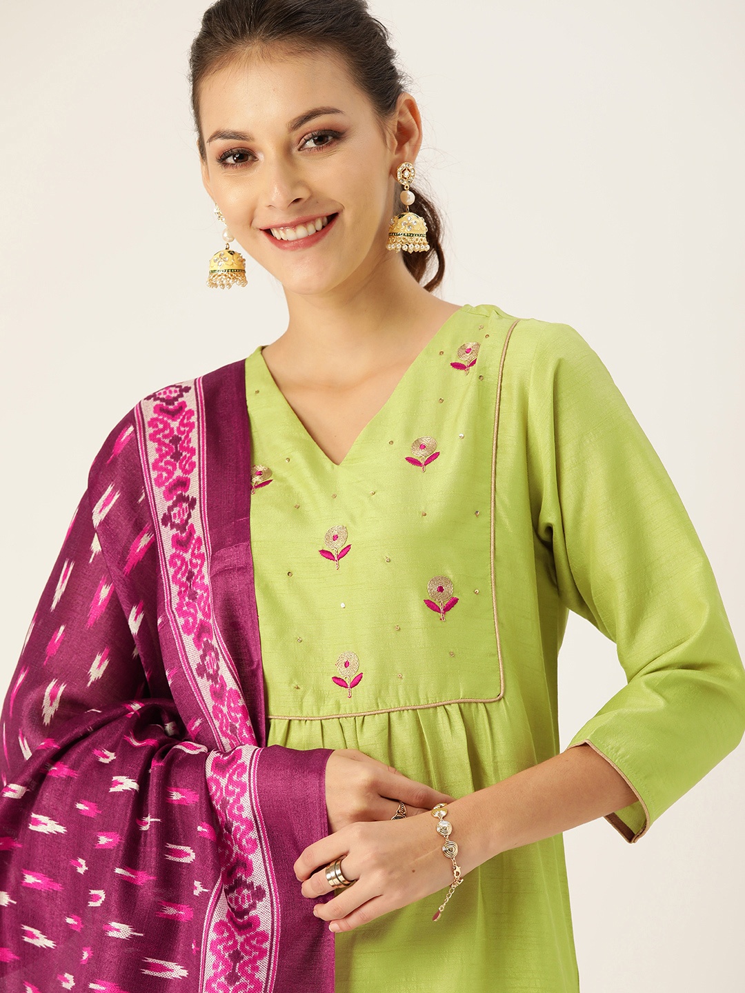 

Varanga Women Lime Green & Purple Embroidered Kurta with Palazzos & Dupatta