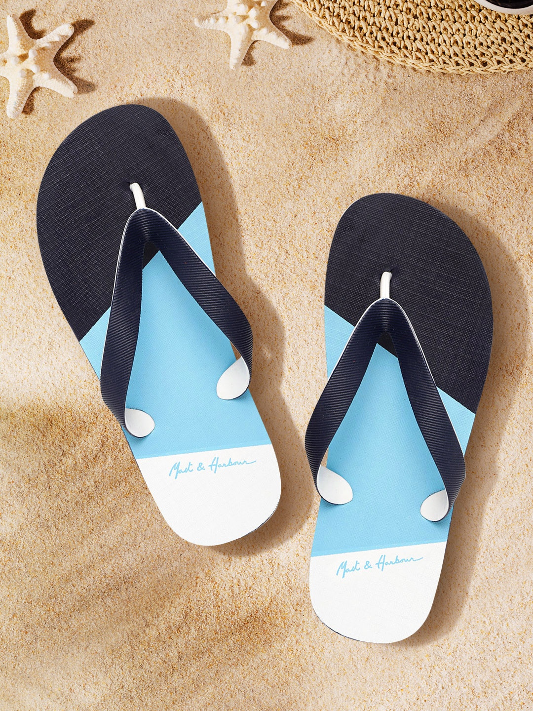 

Mast & Harbour Men Navy Blue & White Colourblocked Thong Flip-Flops
