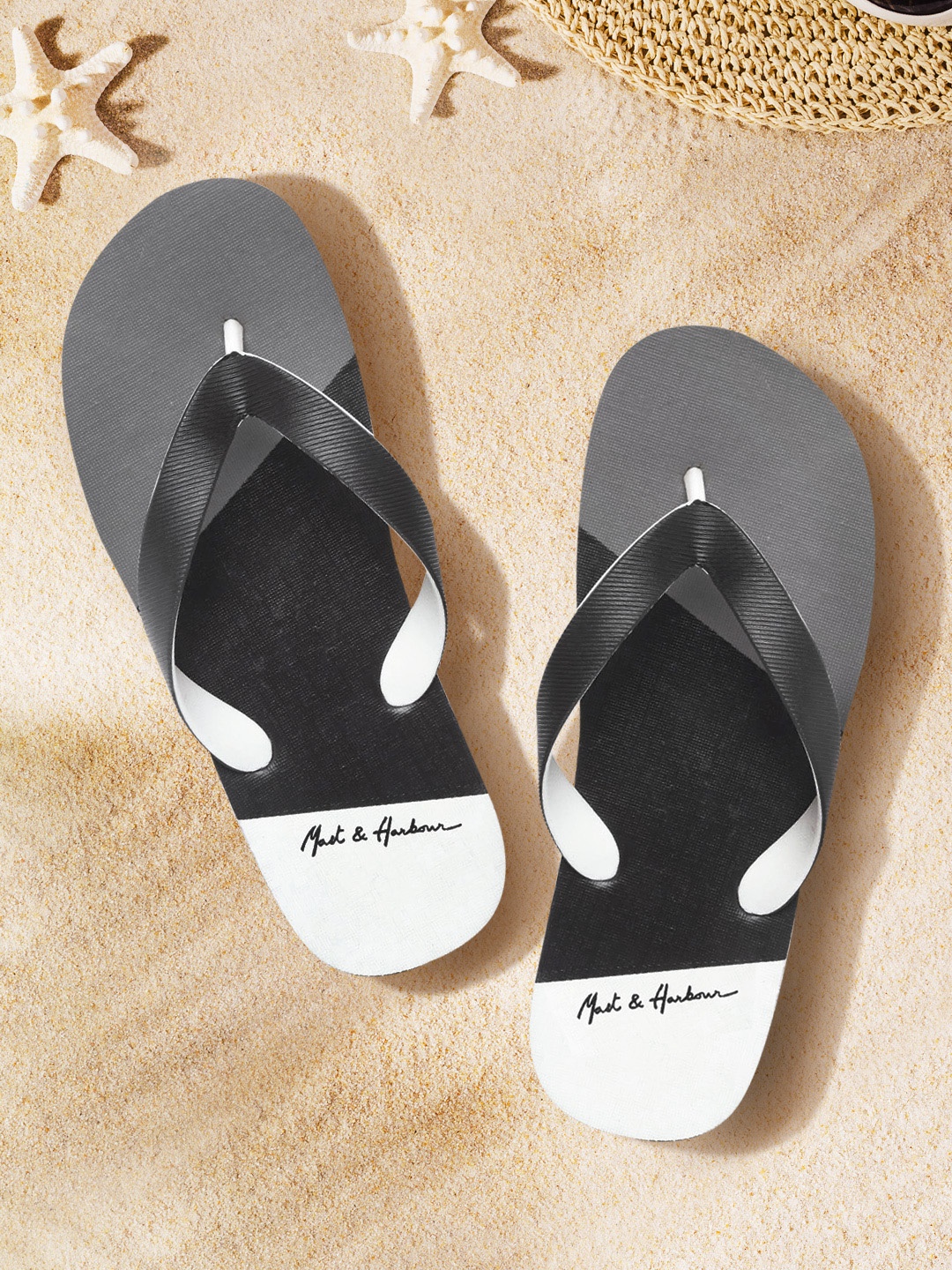 

Mast & Harbour Men Black & Grey Colourblocked Thong Flip-Flops