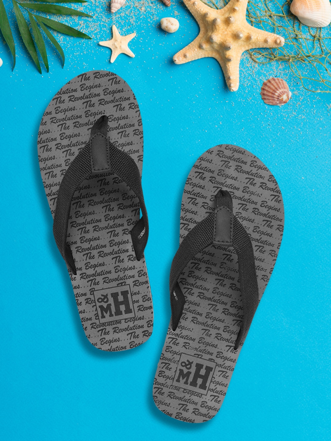 

Mast & Harbour Men Black & Charcoal Grey Typography Print Thong Flip-Flops