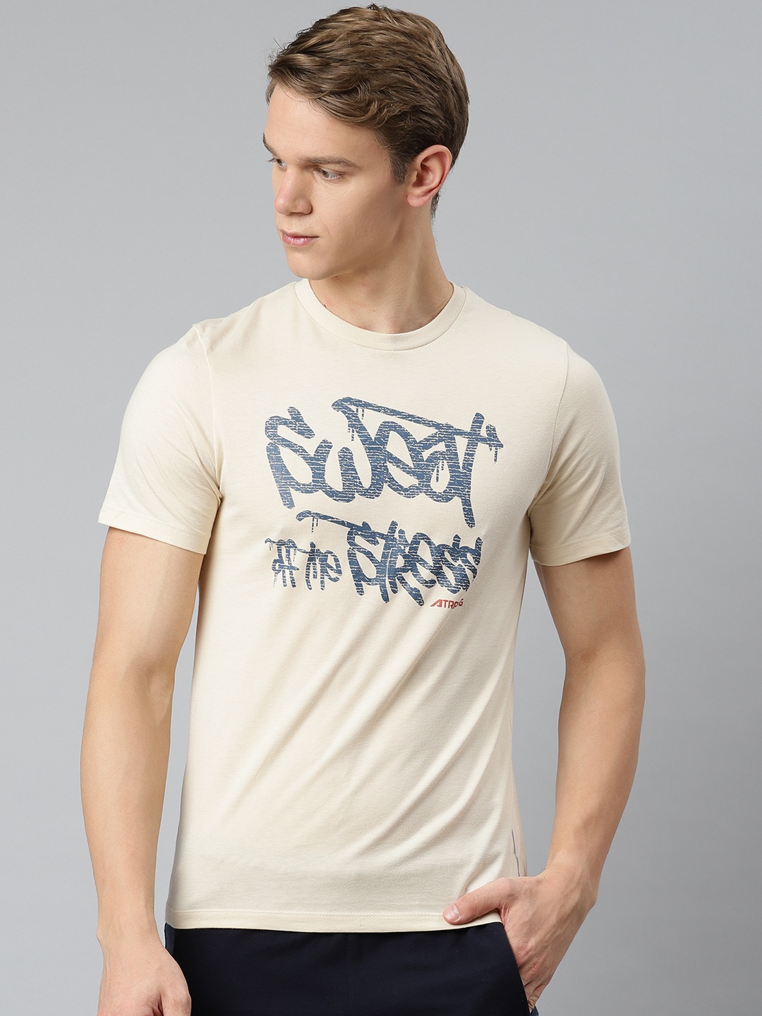

Alcis Men Beige & Navy Blue Typography Printed Slim Fit Training or Gym T-shirt