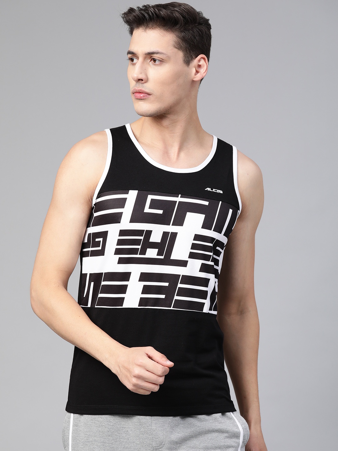 

Alcis Men Black & White Printed Sleeveless Round Neck T-shirt