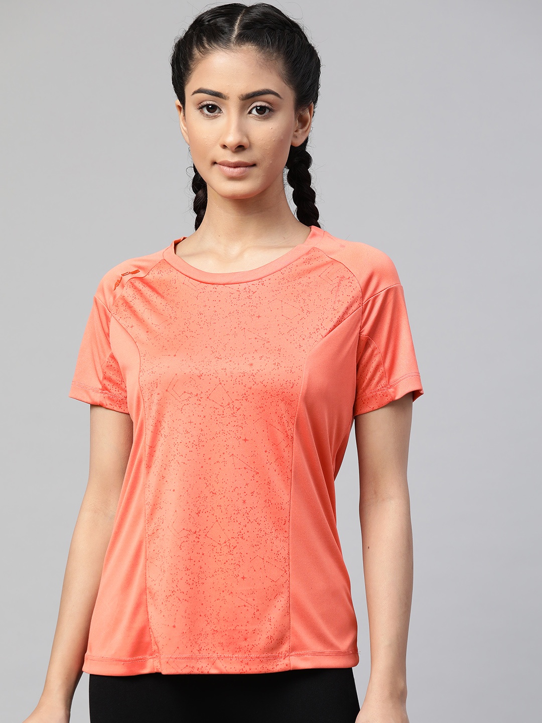 

Alcis Women Coral Orange Printed Round Neck Tennis T-shirt