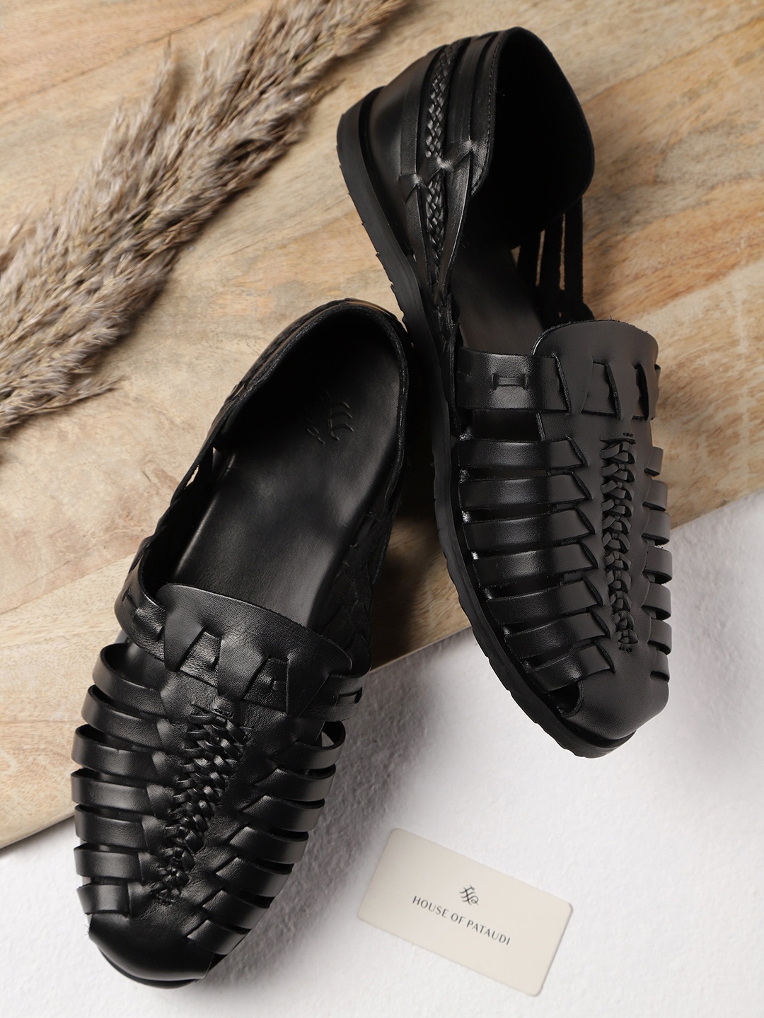 

House of Pataudi Men Black Handcrafted Leather Braided Shoe-Style Sandals