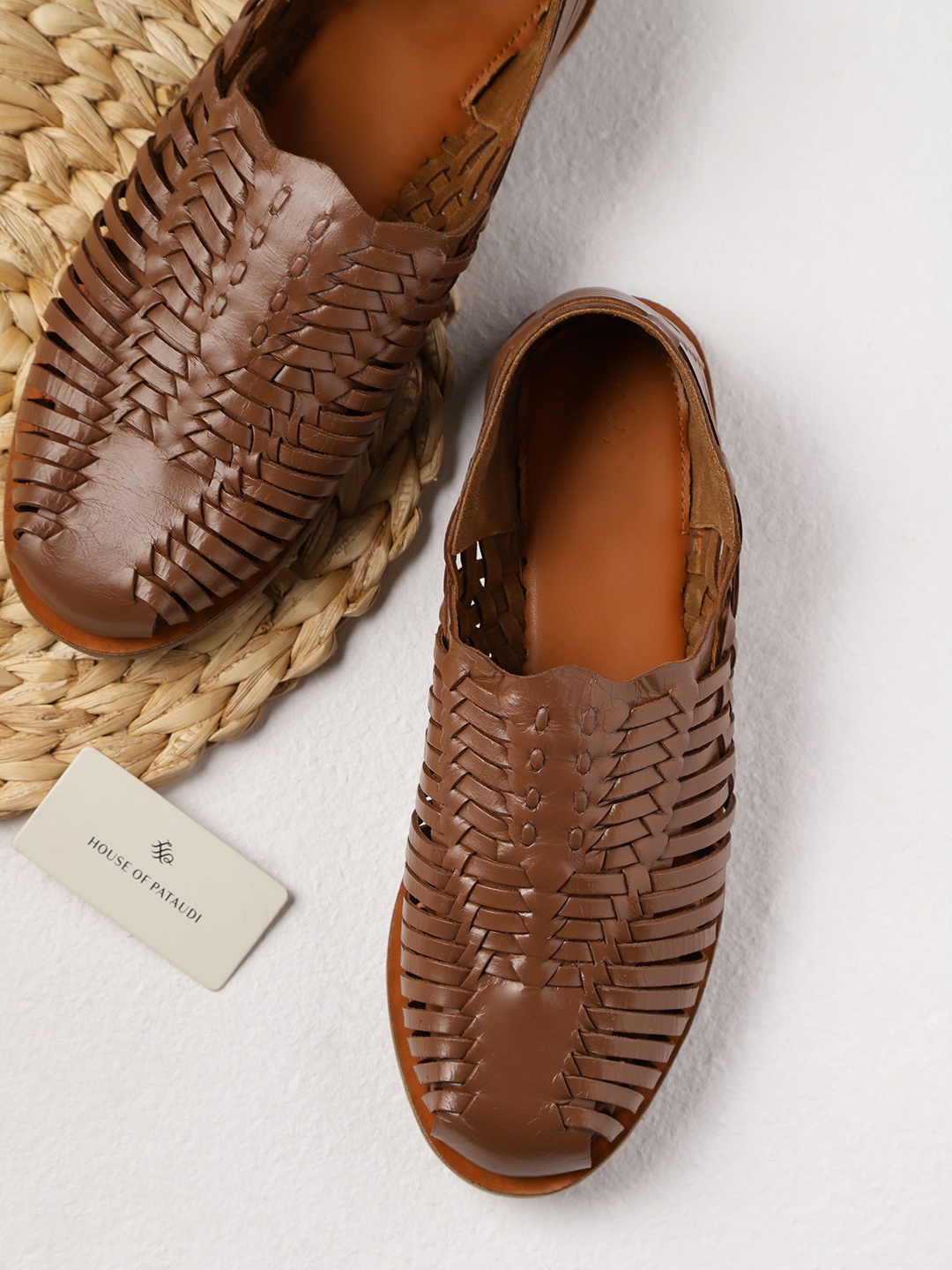 

House of Pataudi Men Brown Handcrafted Leather Braided Shoe-Style Sandals