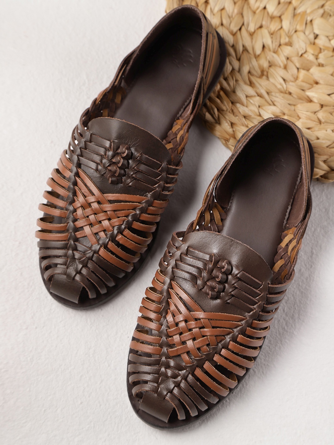 

House of Pataudi Men Coffee Brown Handcrafted Leather Braided Shoe-Style Sandals
