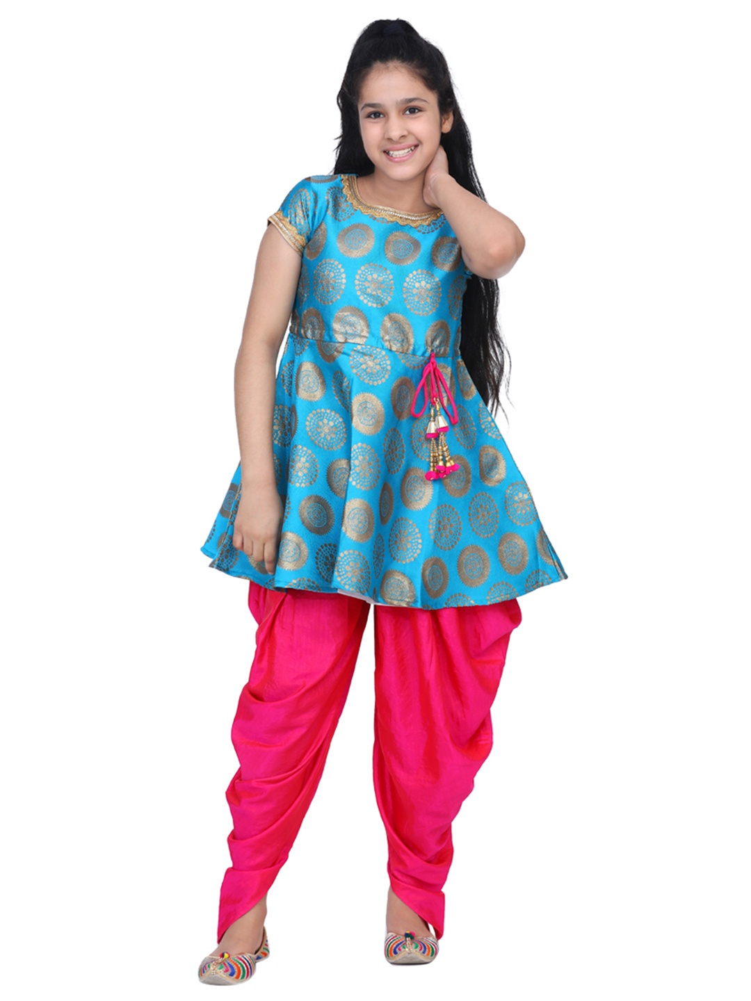 

ADIVA Girls Turquoise Blue & Pink Printed Kurta with Dhoti Pants