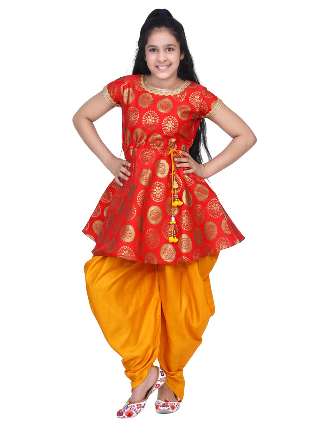

ADIVA Girls Orange & Yellow Printed Kurti with Dhoti Pants