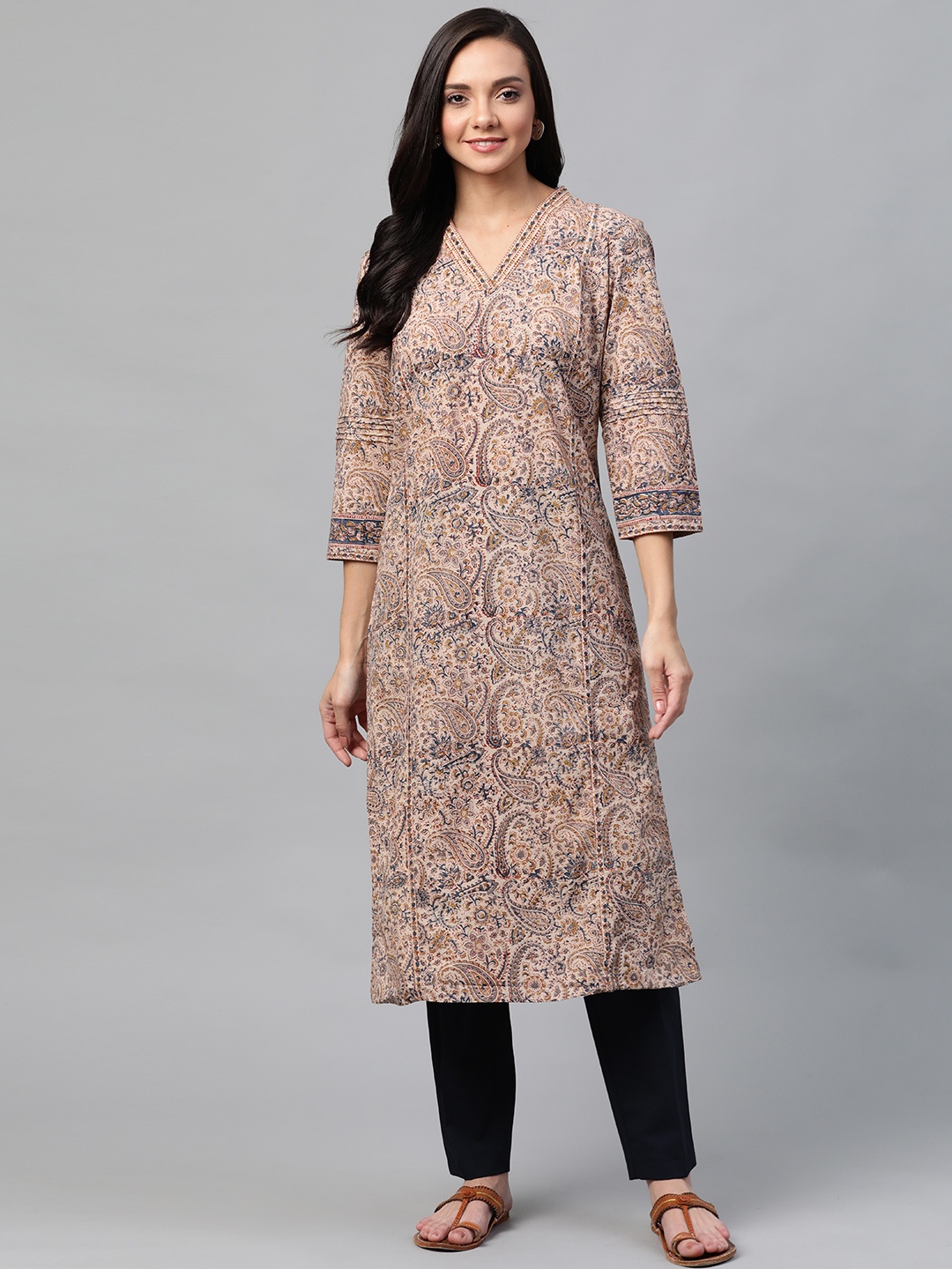 

Fabindia Women Beige & Blue Kalamkari Print Straight Kurta