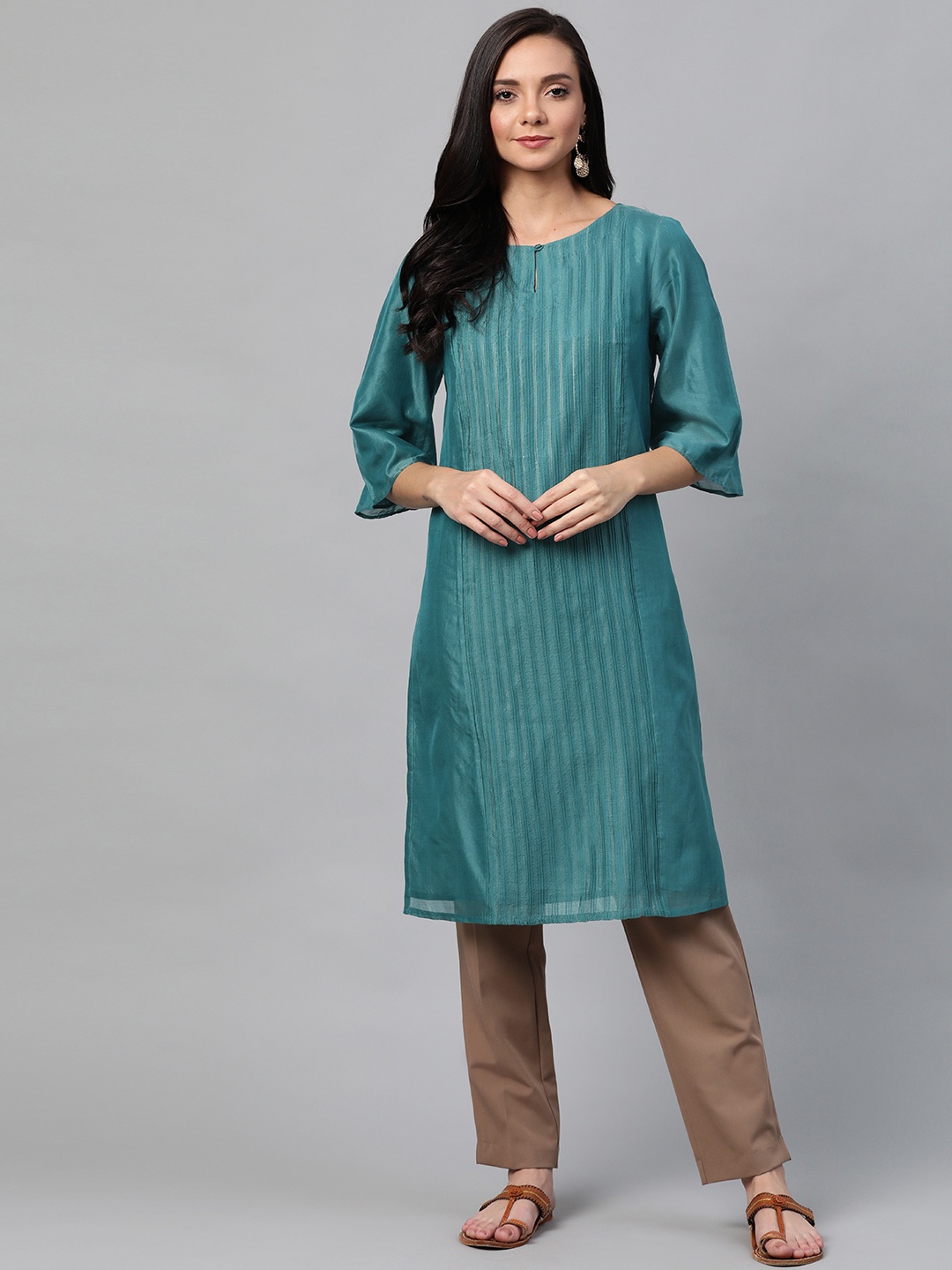 

Fabindia Women Teal Green Solid Pintuck Detail Straight Kurta