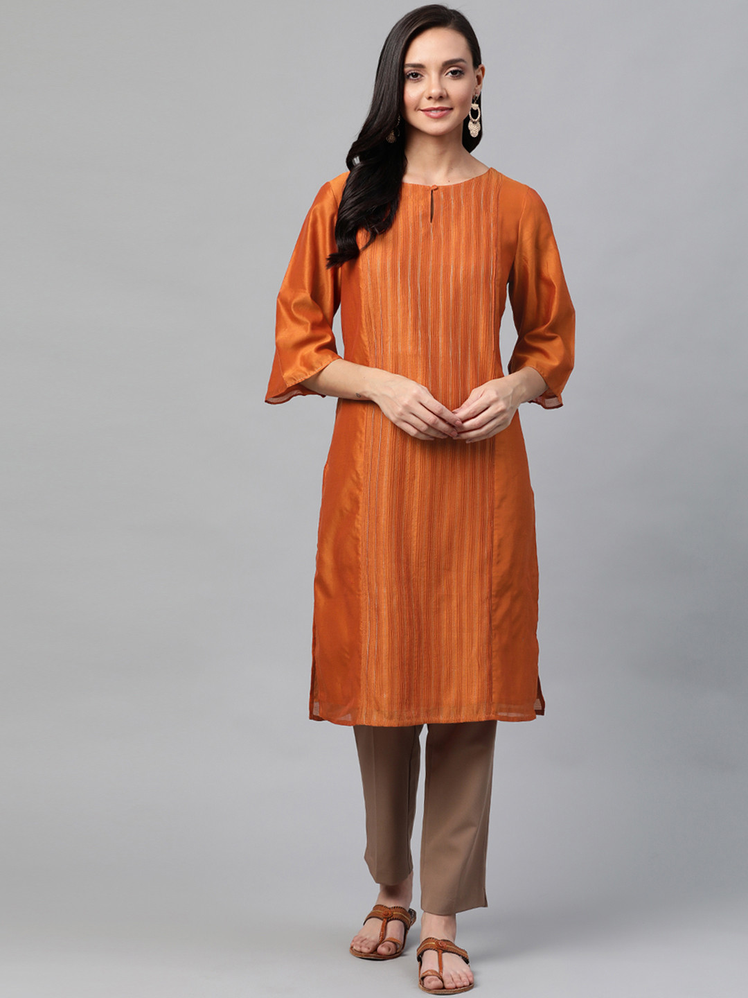 

Fabindia Women Rust Orange Solid Pintuck Detail Straight Kurta