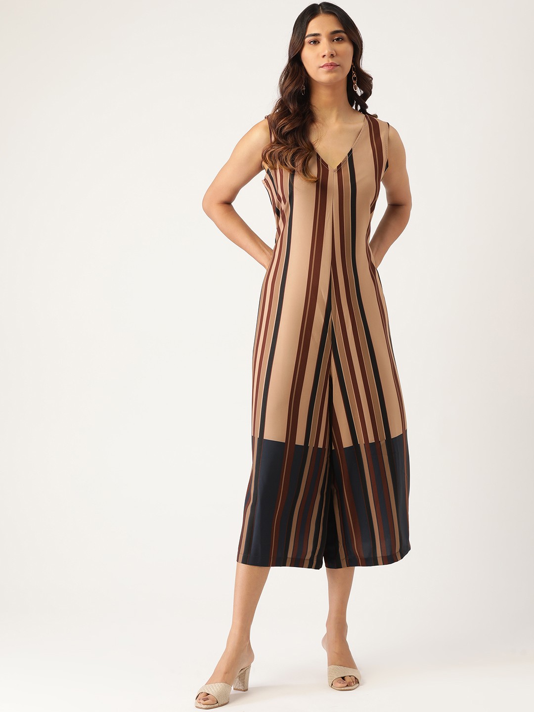 

AND Beige & Brown Striped Basic Jumpsuit