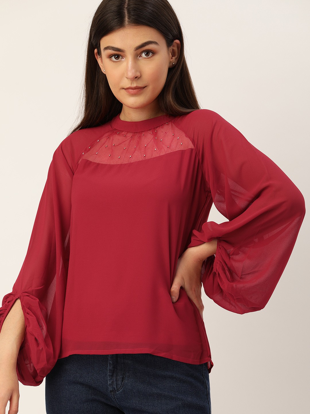 

AND Women Red Solid Top with Sequin Detail