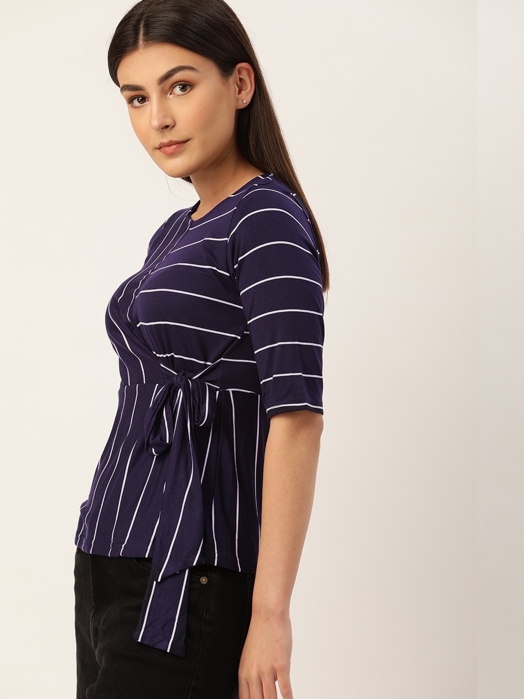 

AND Women Blue Striped Top with Tie-up Details