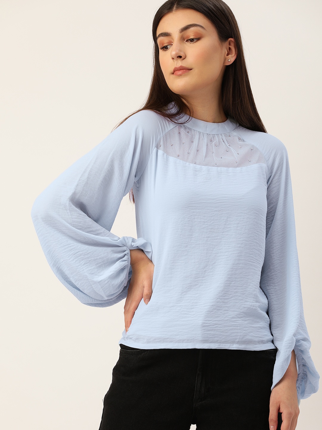 

AND Women Blue Solid Top with Sequin Details