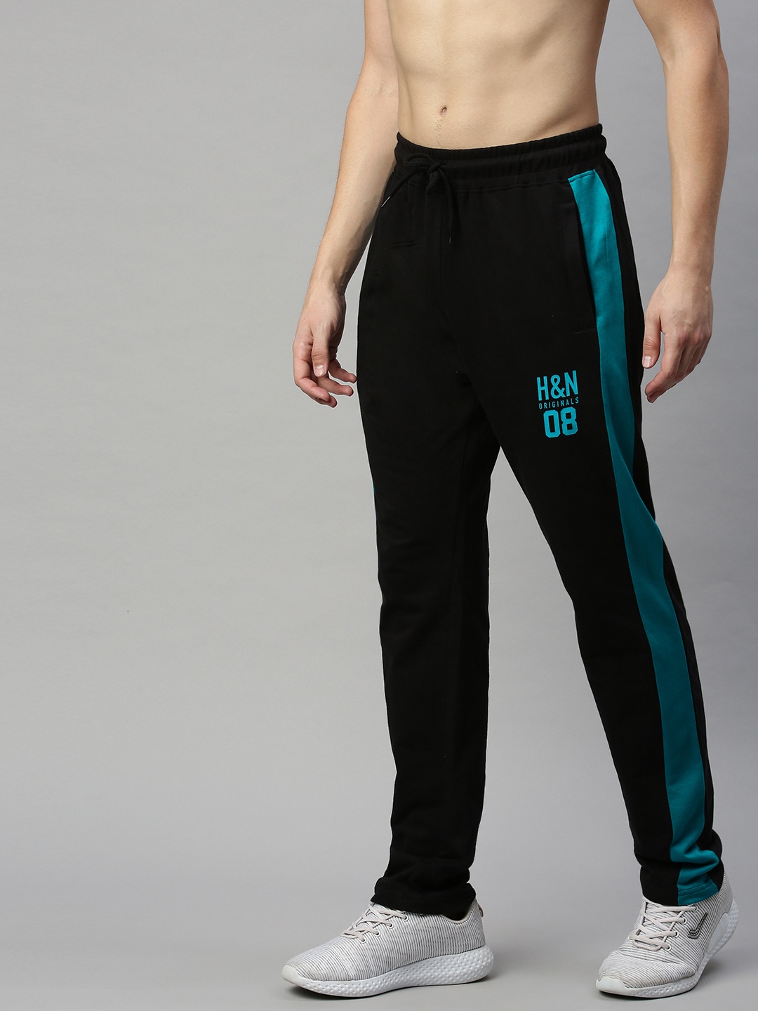 

HERE&NOW Men Black & Teal Blue Printed Straight Fit Track Pants