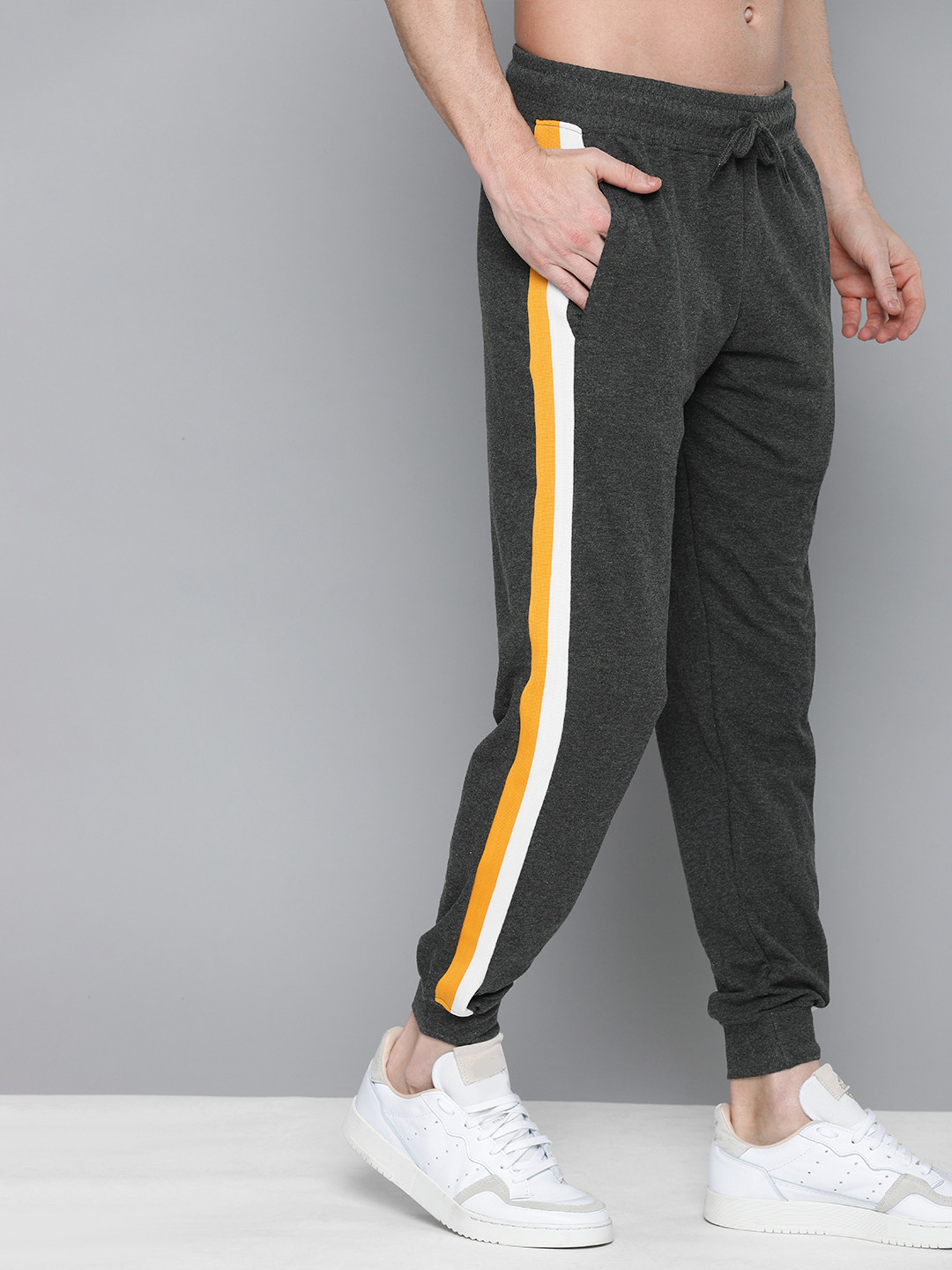 

HERE&NOW Men Charcoal Grey Solid Regular Fit Joggers with Side Stripe Detail