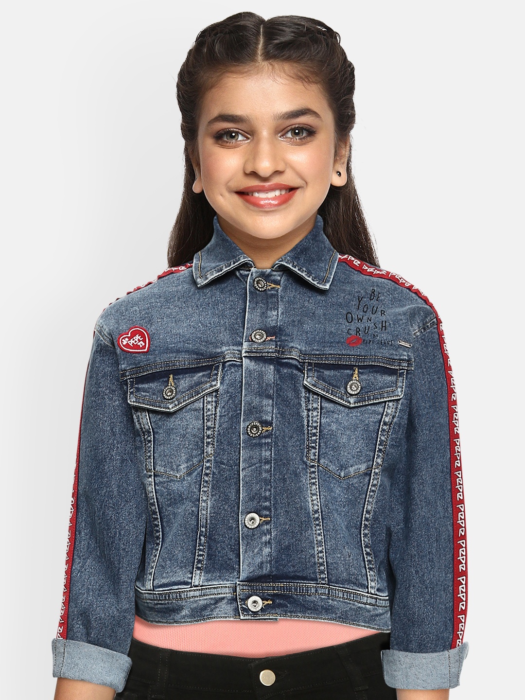 

Pepe Jeans Girls Navy Blue Washed Applique Denim Jacket