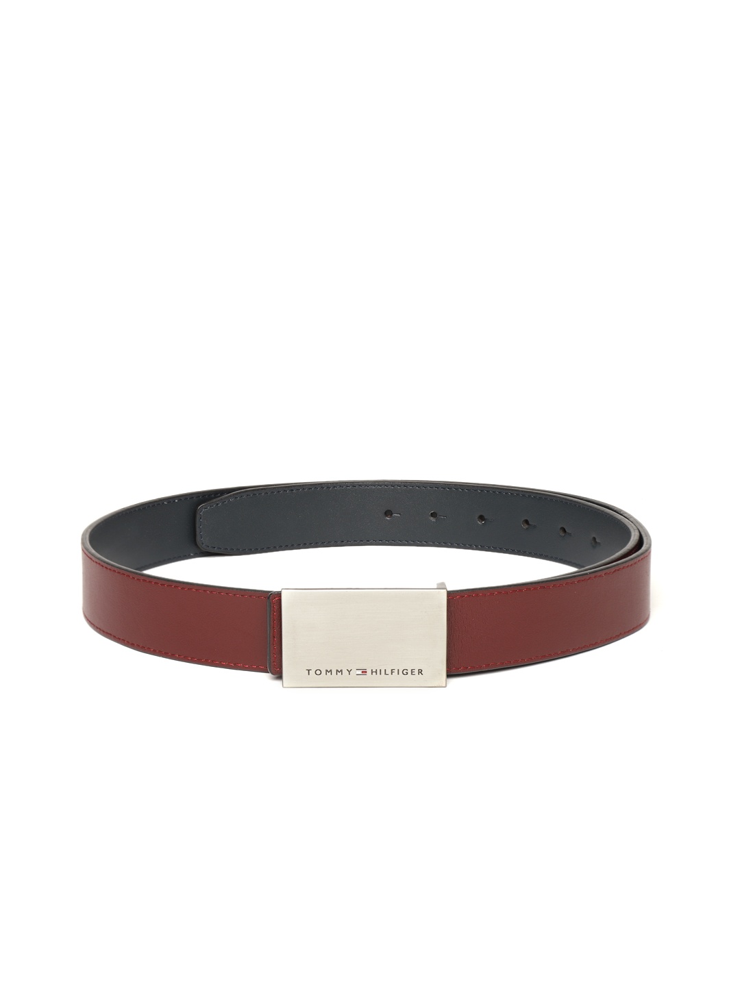 

Tommy Hilfiger Men Navy Blue & Maroon Solid Leather Reversible Belt