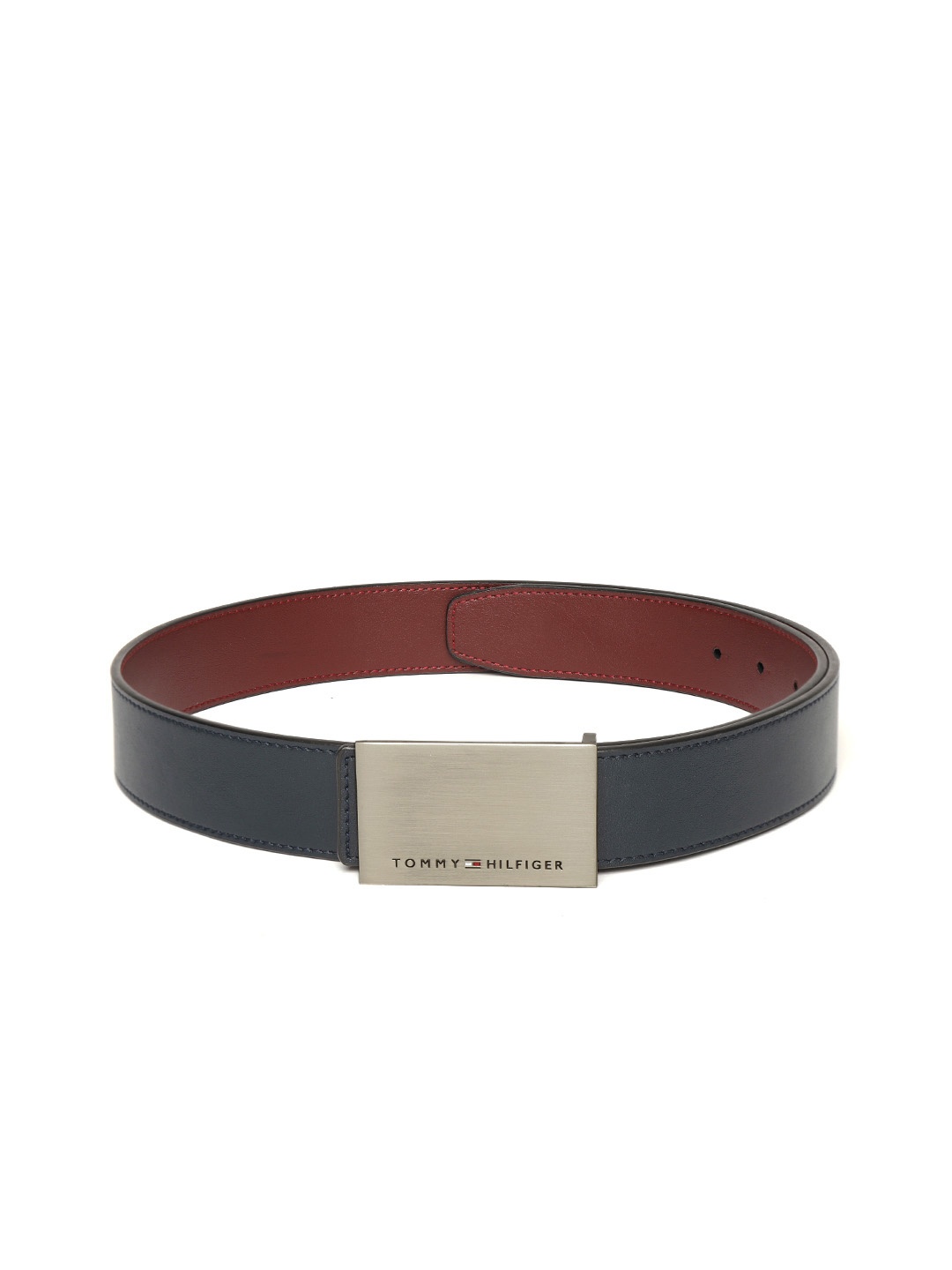 

Tommy Hilfiger Men Navy Blue & Maroon Solid Leather Reversible Belt