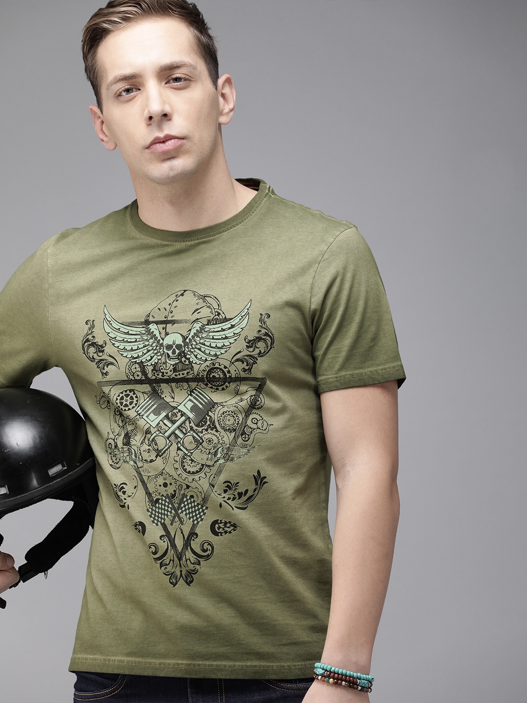 

Roadster Men Green Printed Round Neck T-shirt
