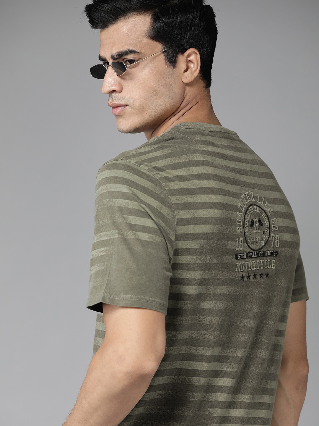 

Roadster Men Olive Green Striped Cotton Round Neck T-shirt