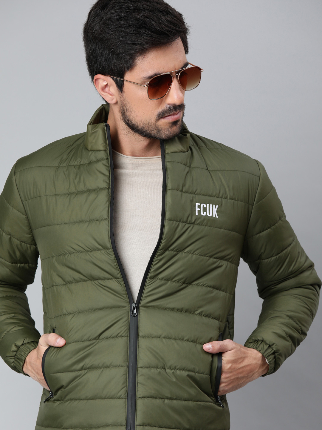 

French Connection Men Olive Green Solid Puffer Jacket