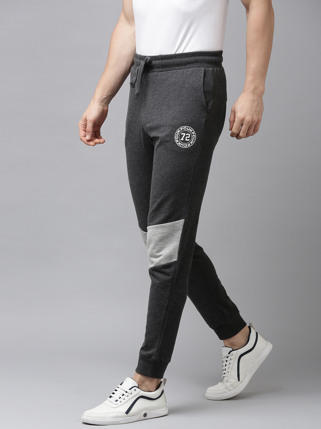 

French Connection Men Charcoal Grey Solid Slim Fit Mid-Rise Joggers With Striped Detail