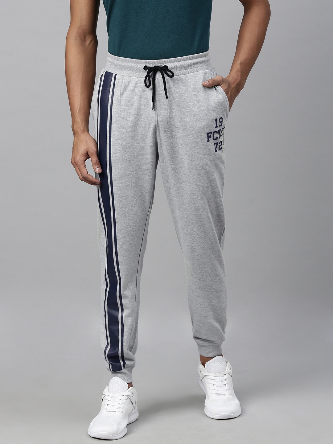 

French Connection Men Grey Melange Slim Fit Solid Joggers with Striped Detailing