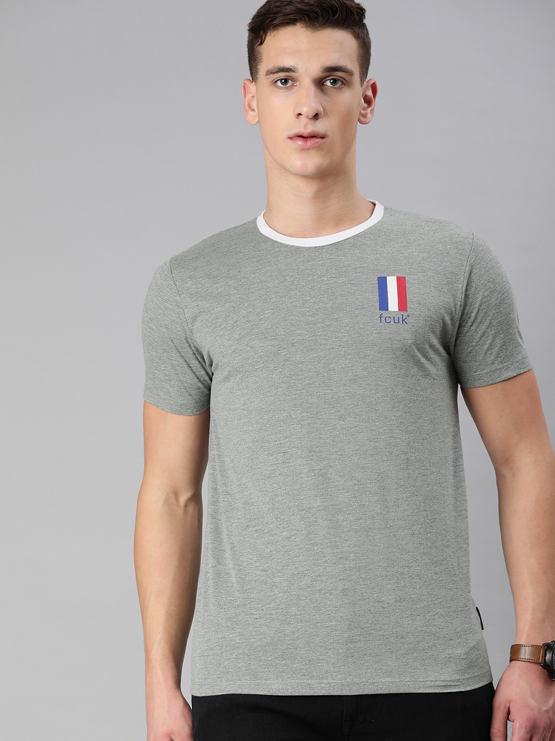 

French Connection Men Grey Melange Solid Round Neck T-shirt with Print