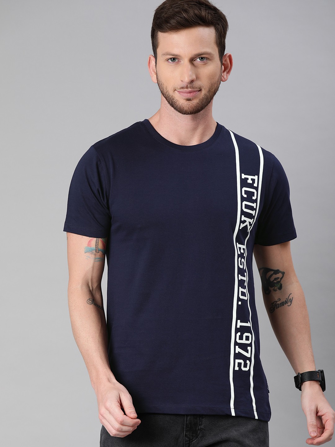 

French Connection Men Navy Blue Printed Round Neck Pure Cotton T-shirt
