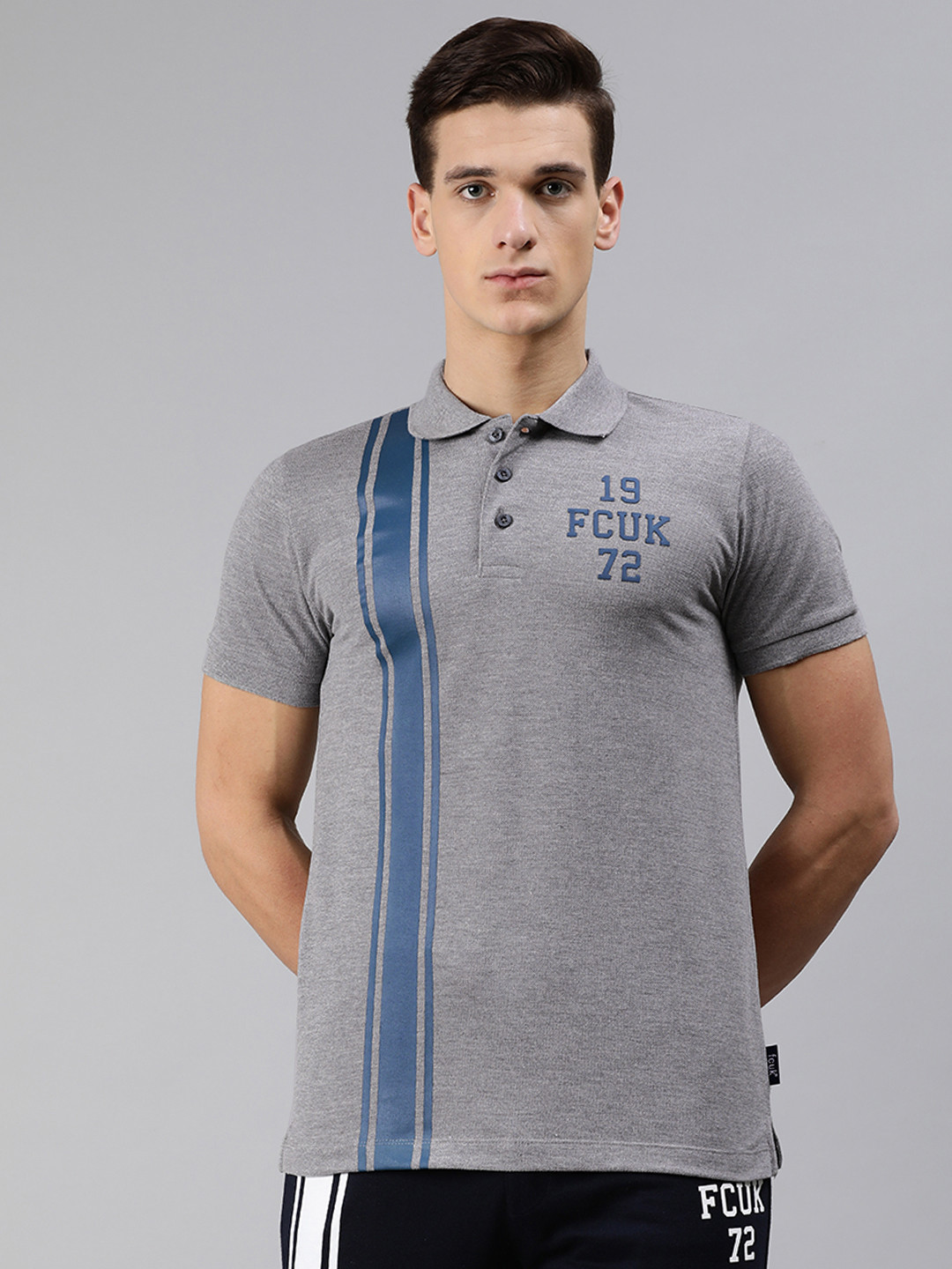 

French Connection Men Grey & Blue Striped Slim Fit Polo Collar T-shirt